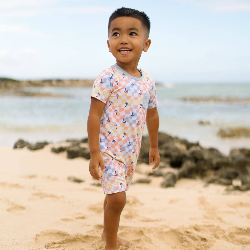 Sunset Checker Shortie Bamboo Romper: 0-6M