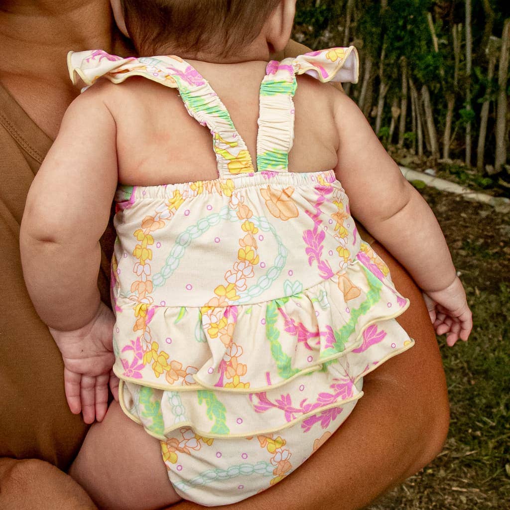Lei Day in Sand Ruffle Bamboo Romper: 3-6M