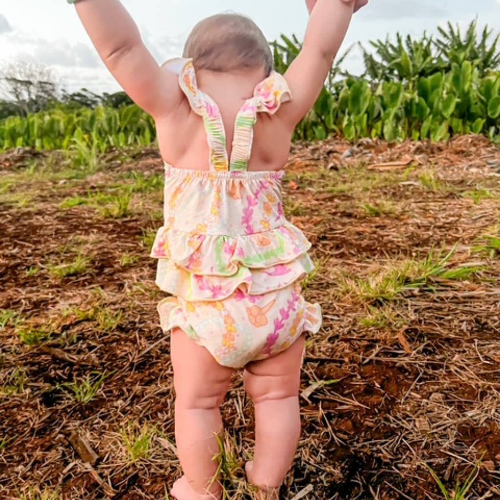 Lei Day in Sand Ruffle Bamboo Romper: 6-12M