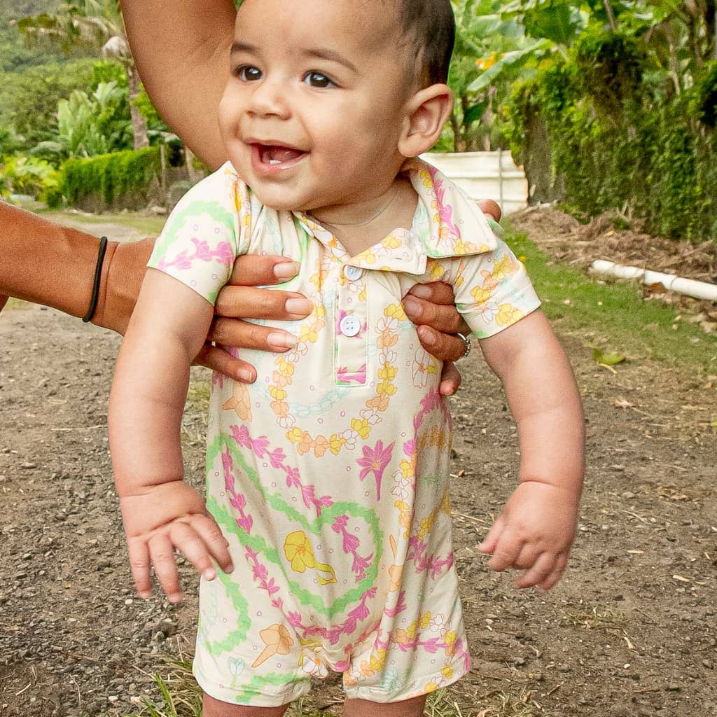 Lei Day in Sand Polo Bamboo Romper: 12-18M