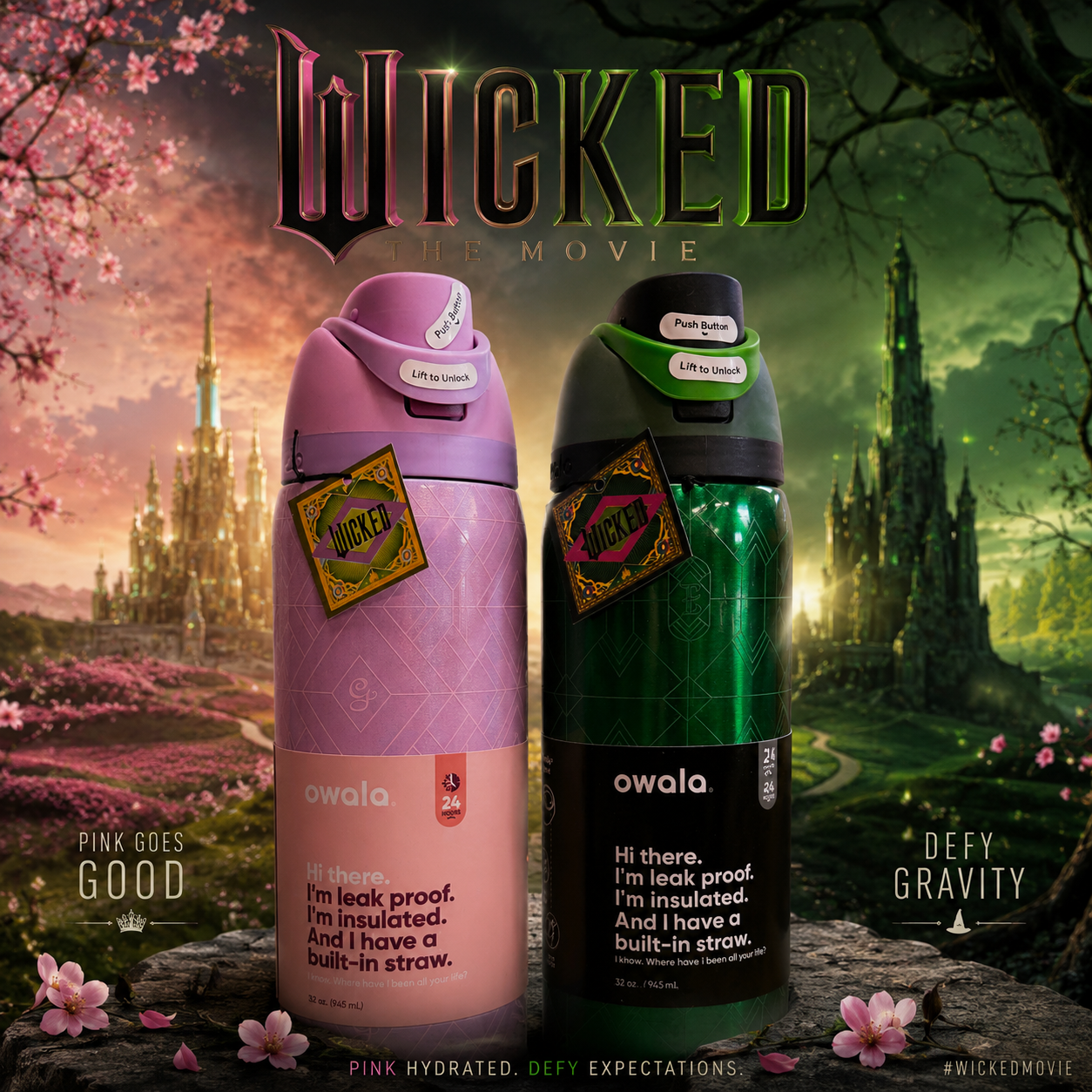 New 32oz Owala Free Sip, Wicked Glinda (Pink)