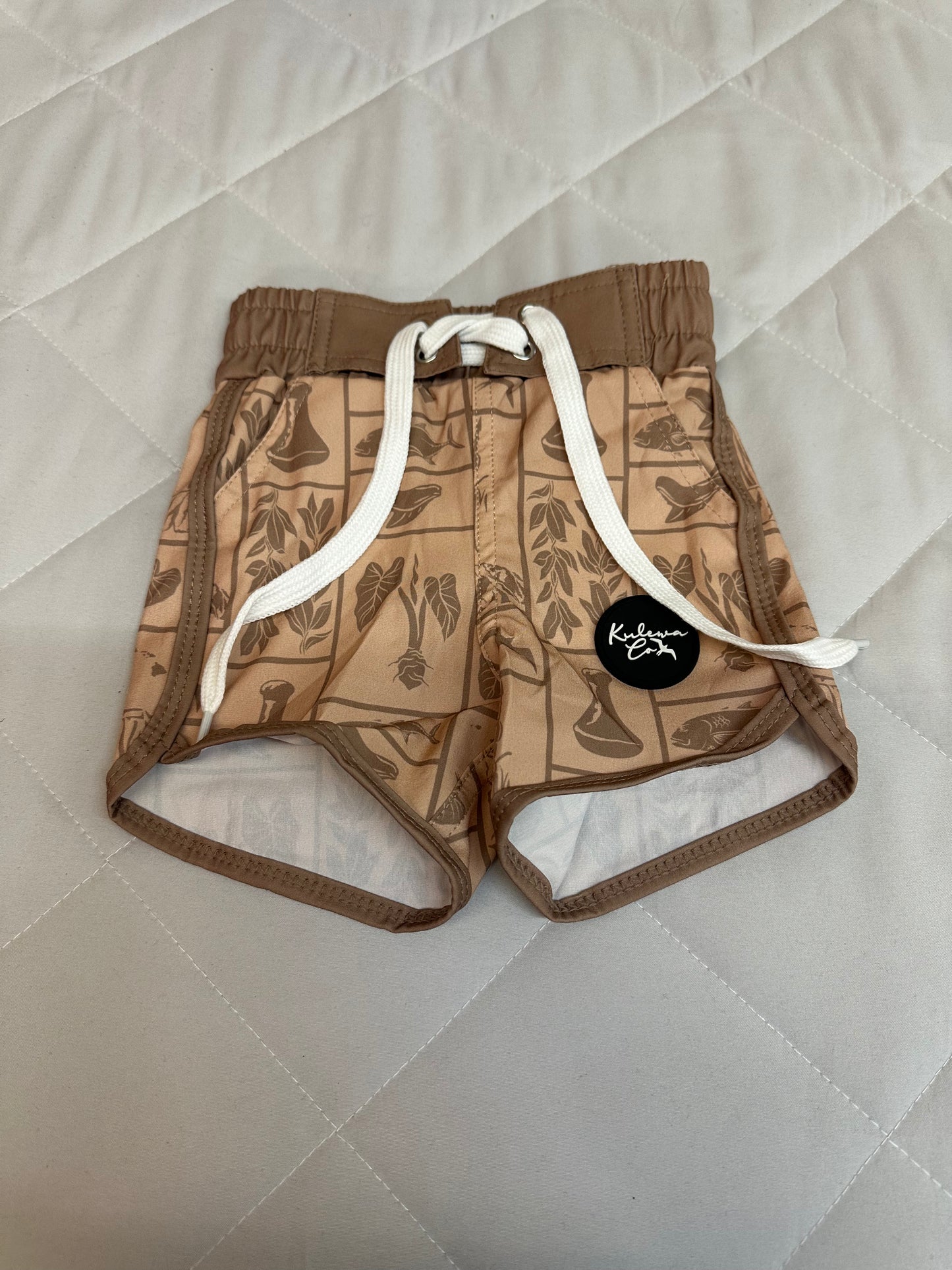 Kulewa Co Hawaiian Boys Brown Patchwork Board Shorts, Size 6-12M