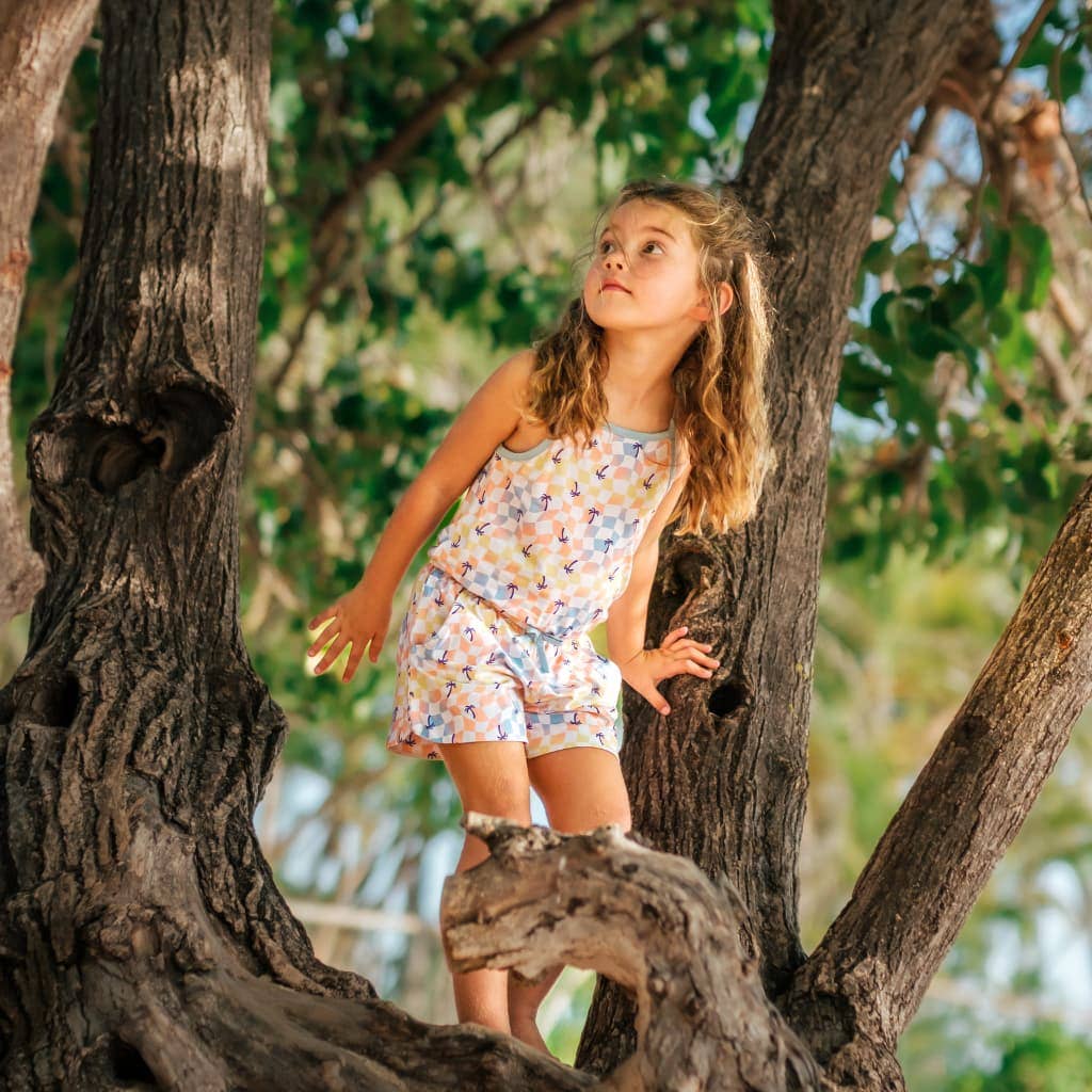 Sunset Checker Girls Shortie Bamboo Romper: 12-18M