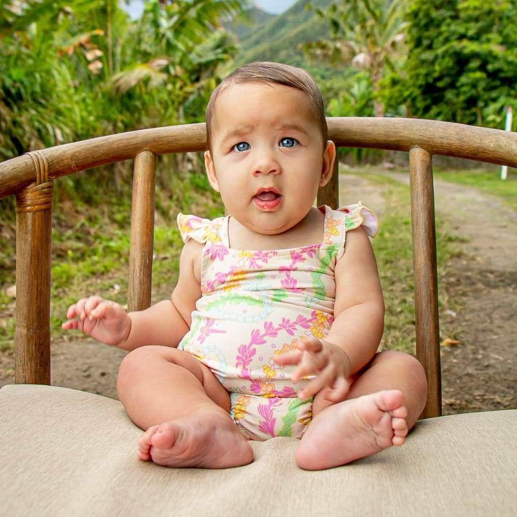 Lei Day in Sand Ruffle Bamboo Romper: 3-6M