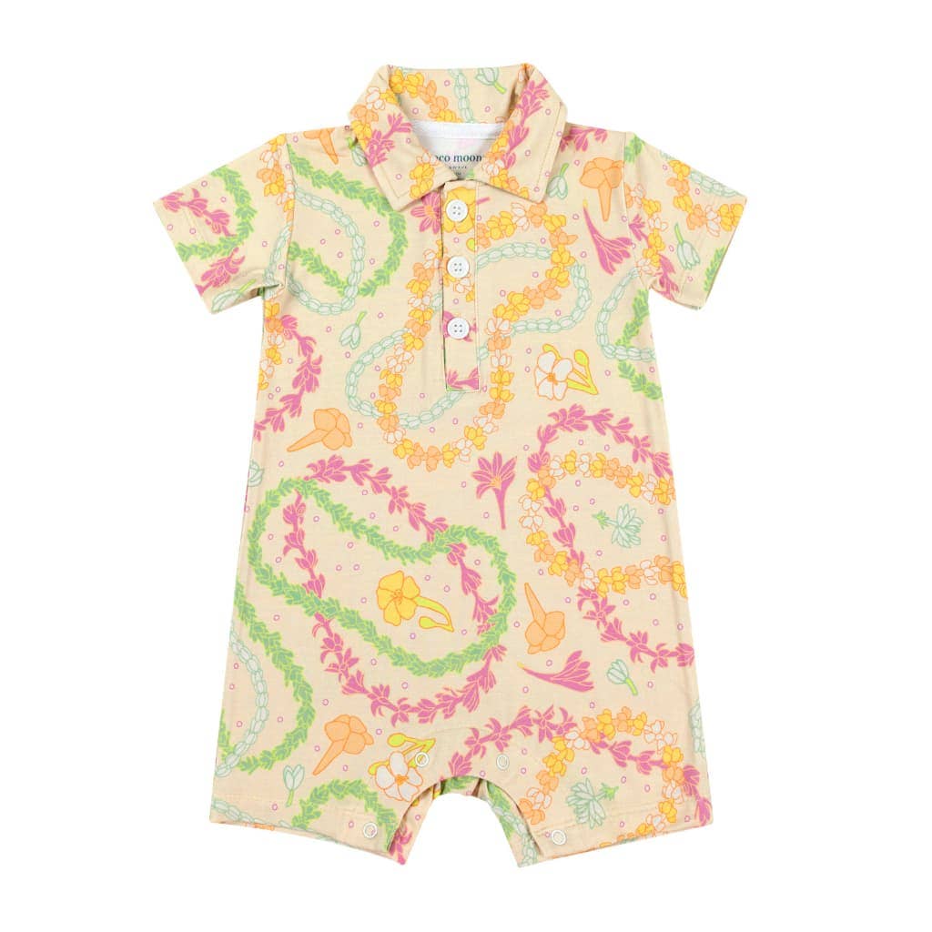 Lei Day in Sand Polo Bamboo Romper: 12-18M