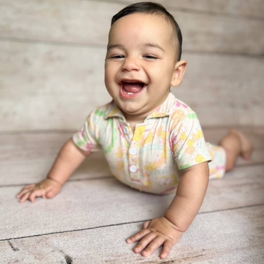 Lei Day in Sand Polo Bamboo Romper: 12-18M