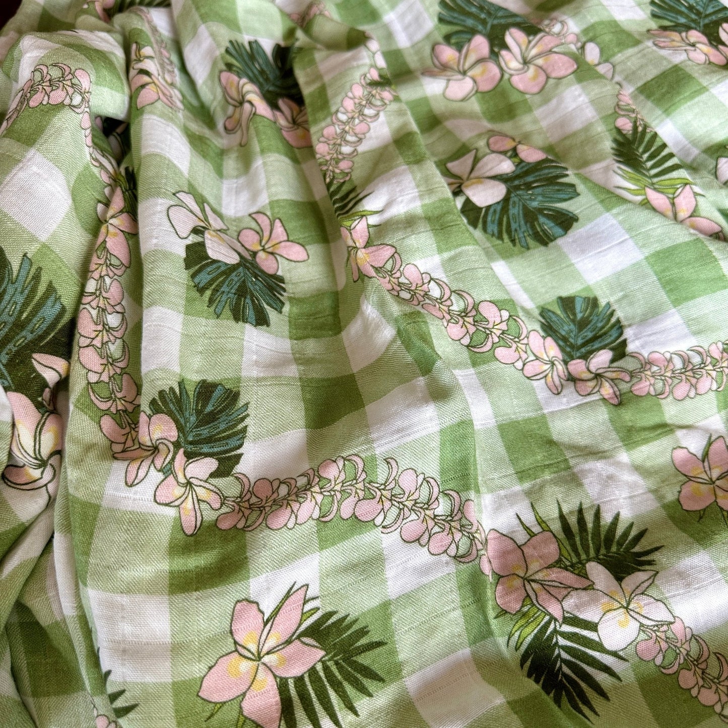 Plumeria Gingham Green Bamboo Swaddle Blanket