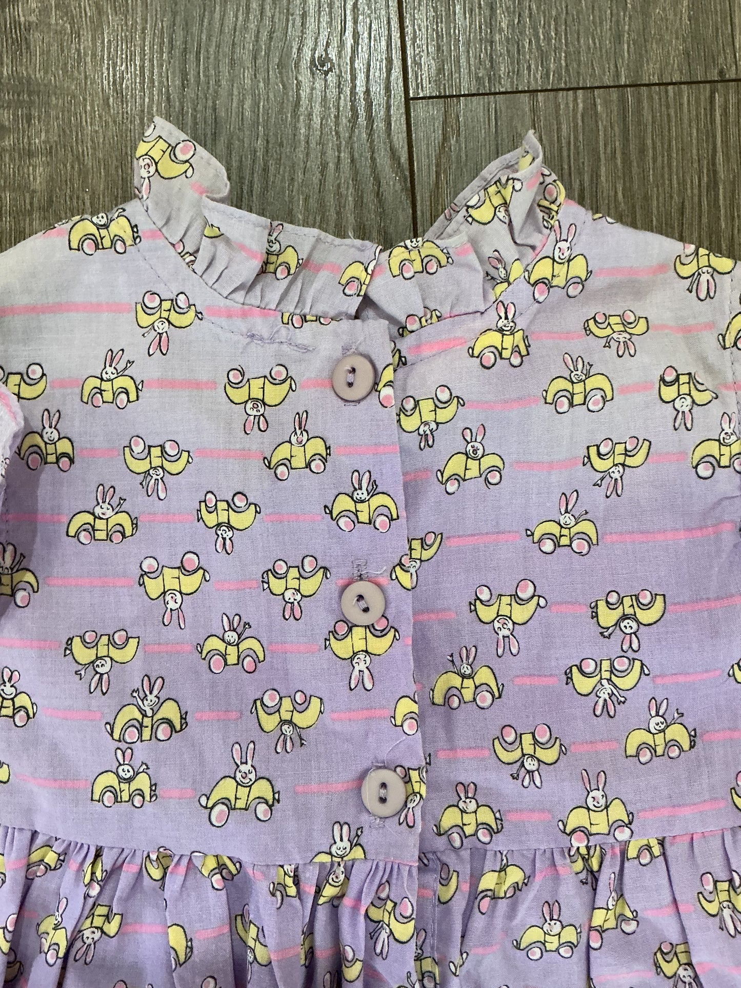 Funny-Bunny, girls dress, purple, pink, white yellow button up a line ruffle 2T vintage