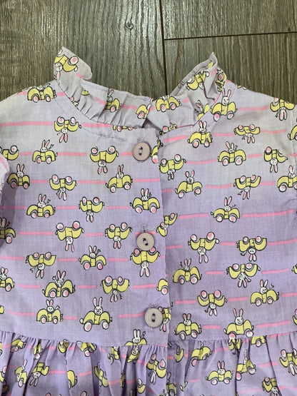 Funny-Bunny, girls dress, purple, pink, white yellow button up a line ruffle 2T vintage