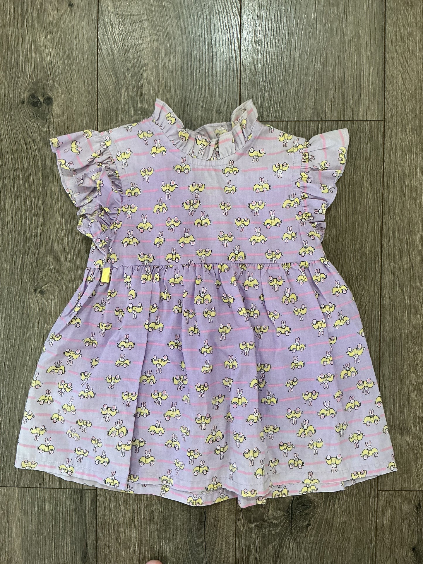 Funny-Bunny, girls dress, purple, pink, white yellow button up a line ruffle 2T vintage