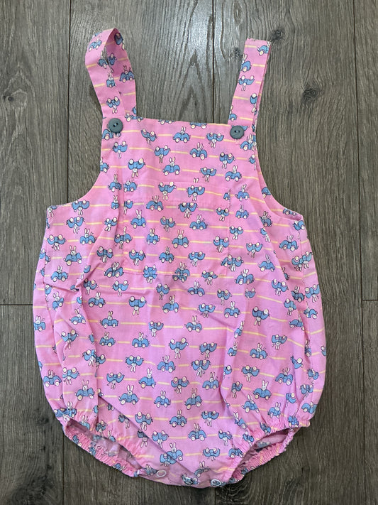 Funny-Bunny Size 24 Months Vintage Pink Overalls Made in USA Bunnies blue car