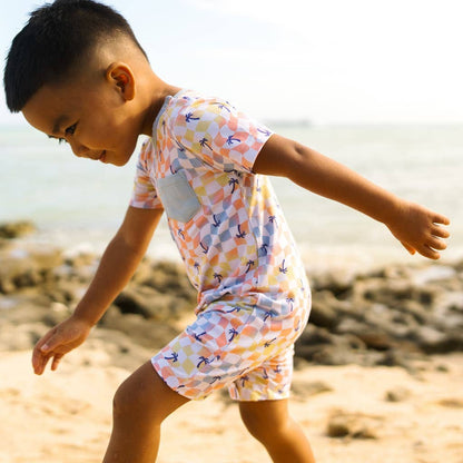 Sunset Checker Shortie Bamboo Romper: 0-6M