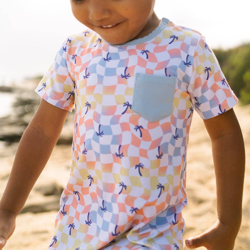 Sunset Checker Shortie Bamboo Romper: 12-18M