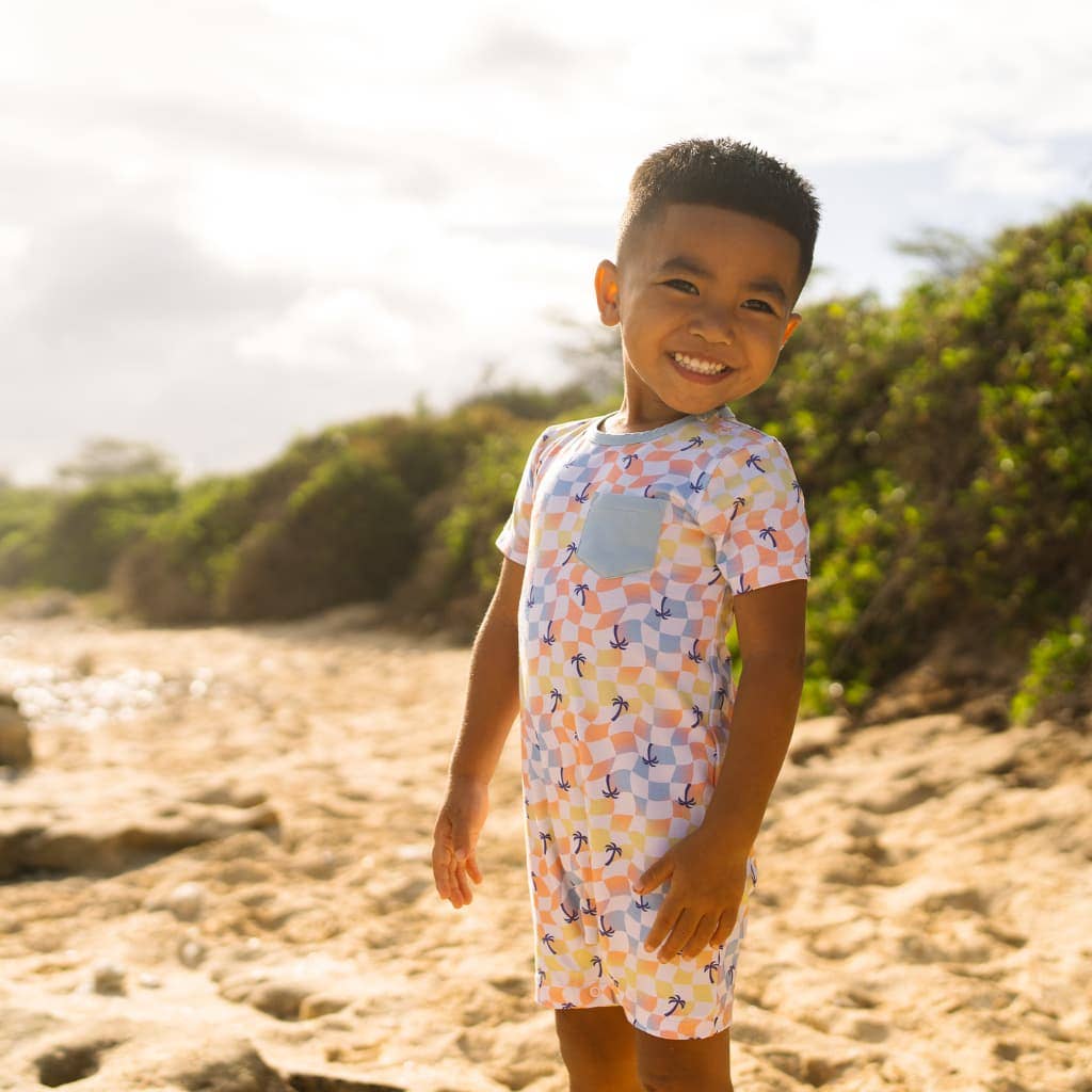 Sunset Checker Shortie Bamboo Romper: 12-18M