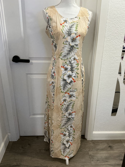 NWOT Ky’s Hawaii Vintage Hawaiian Dress, Beige Hibiscus, S, M, XL, XXL