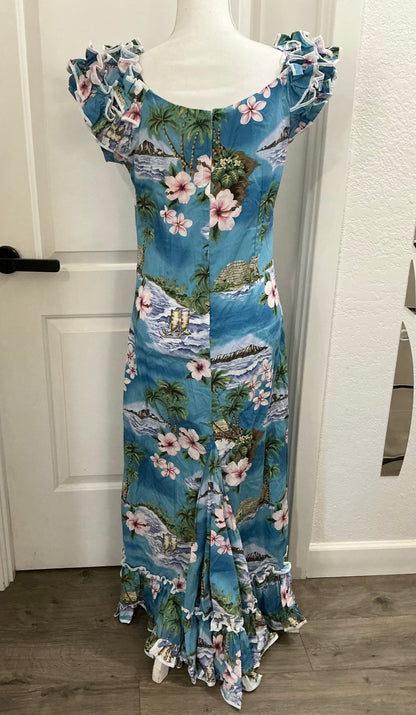 NWOT KY’s Hawaii Vintage Blue Ruffle Hawaiian Dress XS, L, XXL