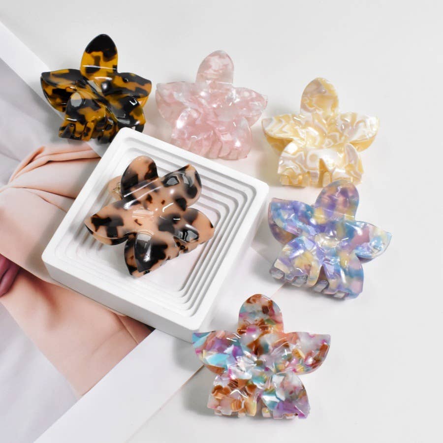 Tortoise & Marbled Plumeria Flower Acetate Hair Claw Clip: BlackBeige