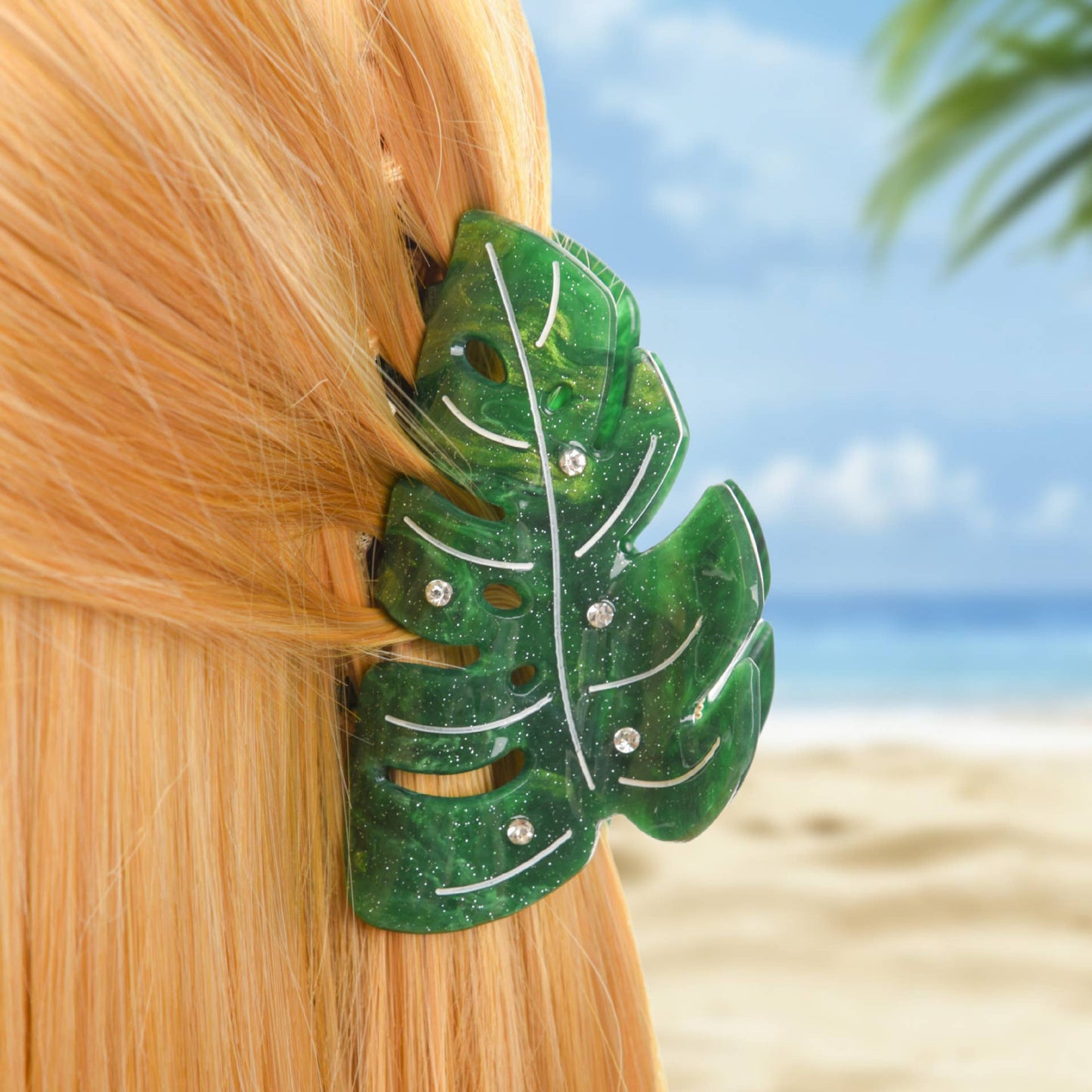 Monstera with Rhinestones Claw Clip, Green