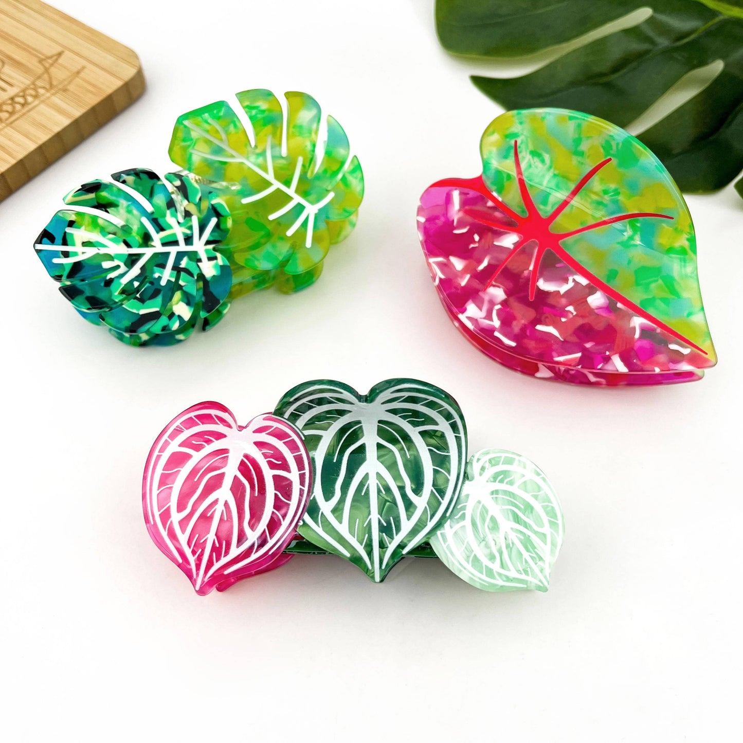 Red Palm Leaf & Monstera Acetate Hair Claw Clip: C