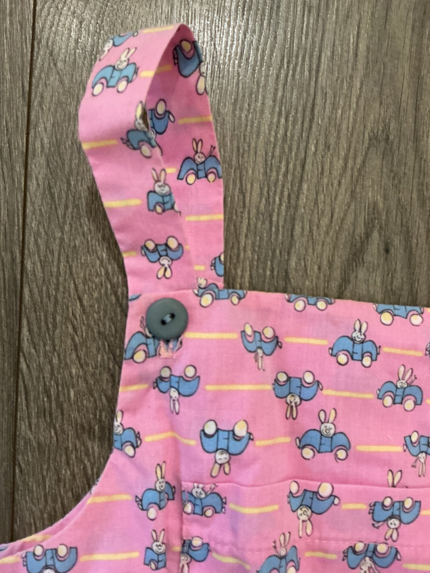 Funny-Bunny Size 24 Months Vintage Pink Overalls Made in USA Bunnies blue car