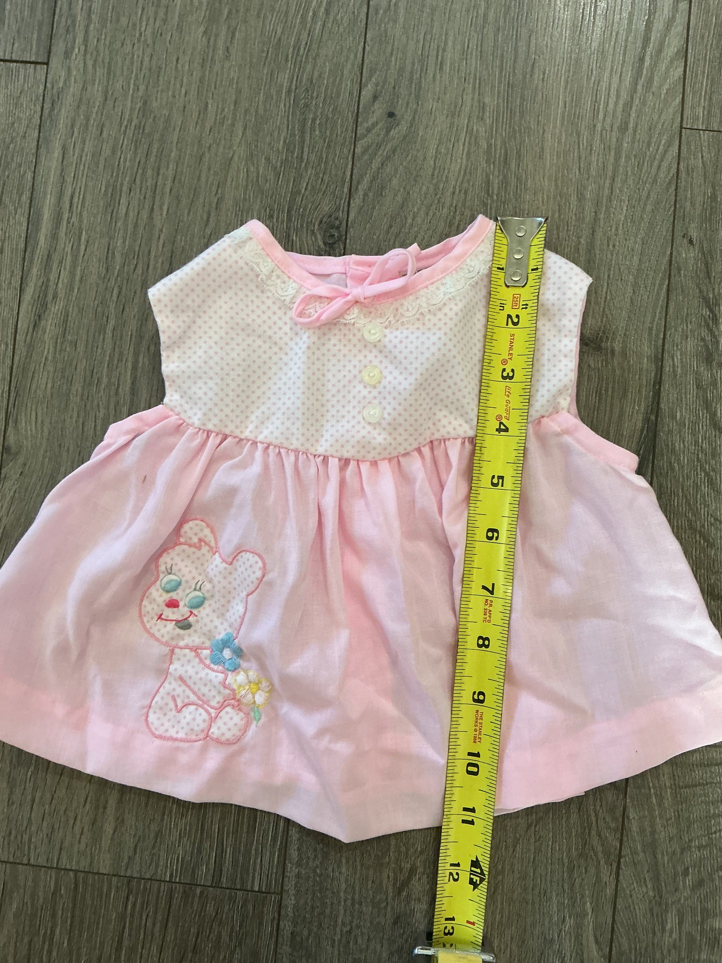 Vintage Baby Pink Lace Trim Dress Embroidered, Bear flowers polka dot 18M