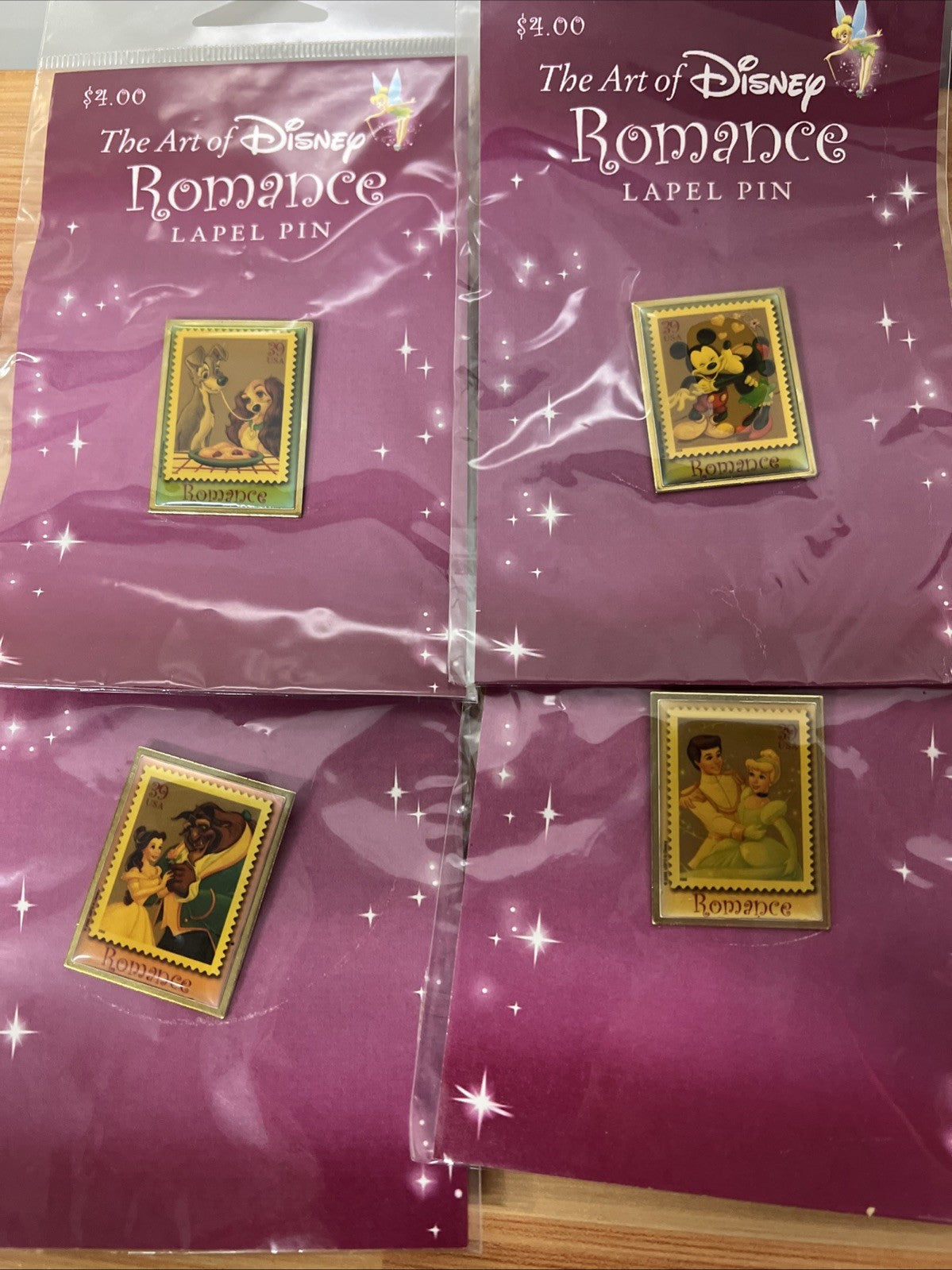 Lapel Pin Disney Romance Art USPS Stamp Vintage Cinderella Complete Set of 4