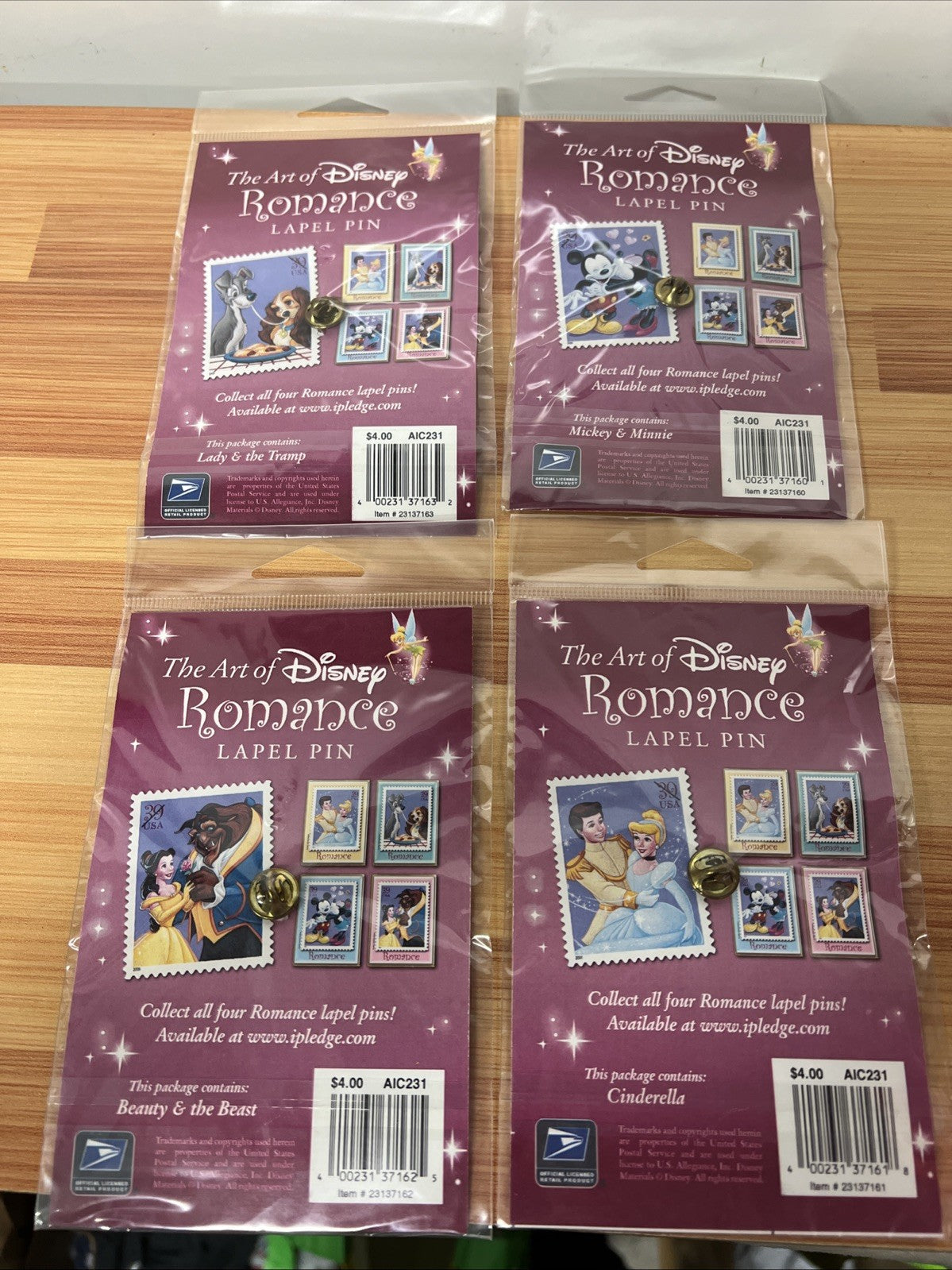 Lapel Pin Disney Romance Art USPS Stamp Vintage Cinderella Complete Set of 4