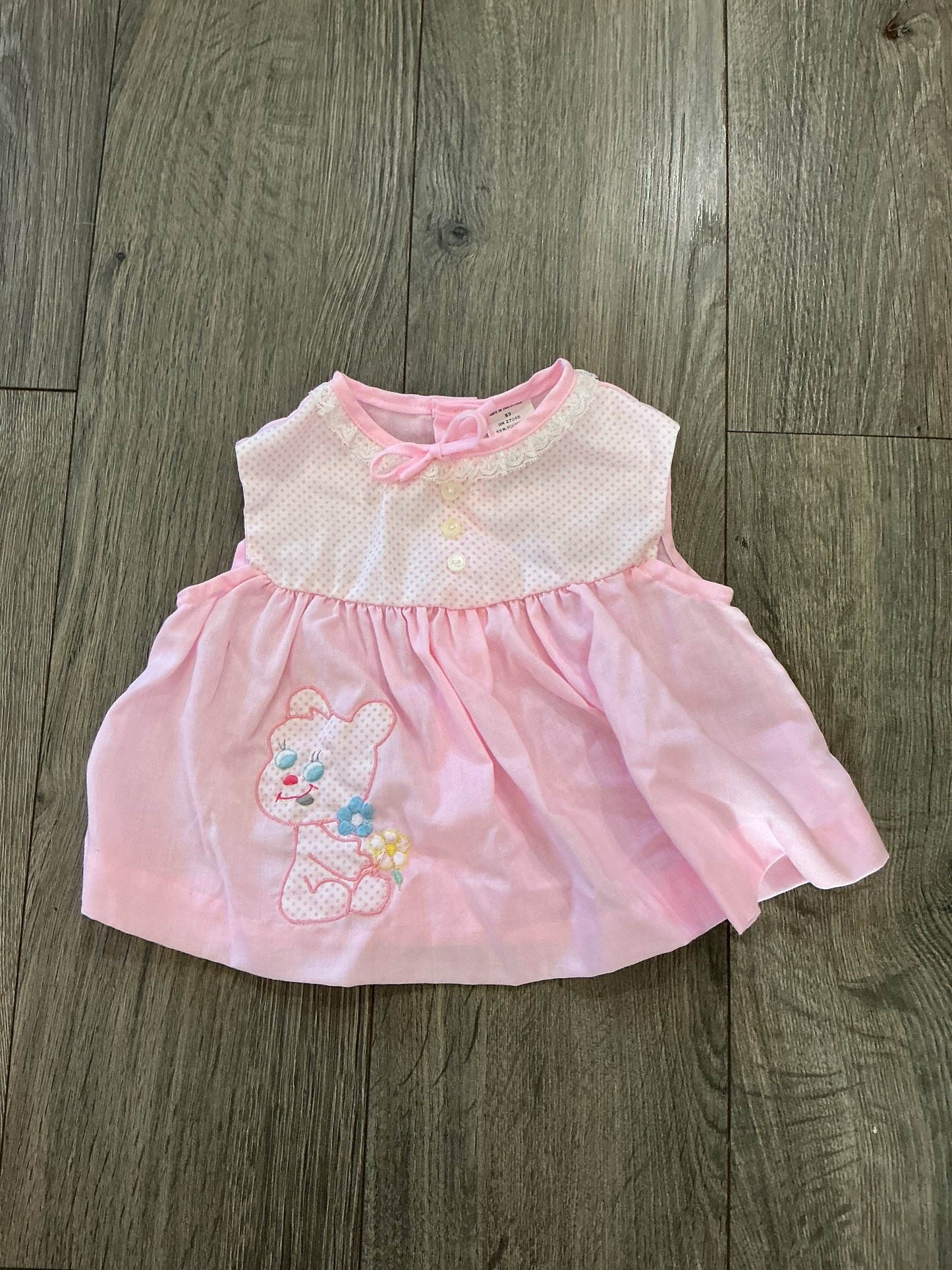 Vintage Baby Pink Lace Trim Dress Embroidered, Bear flowers polka dot 18M