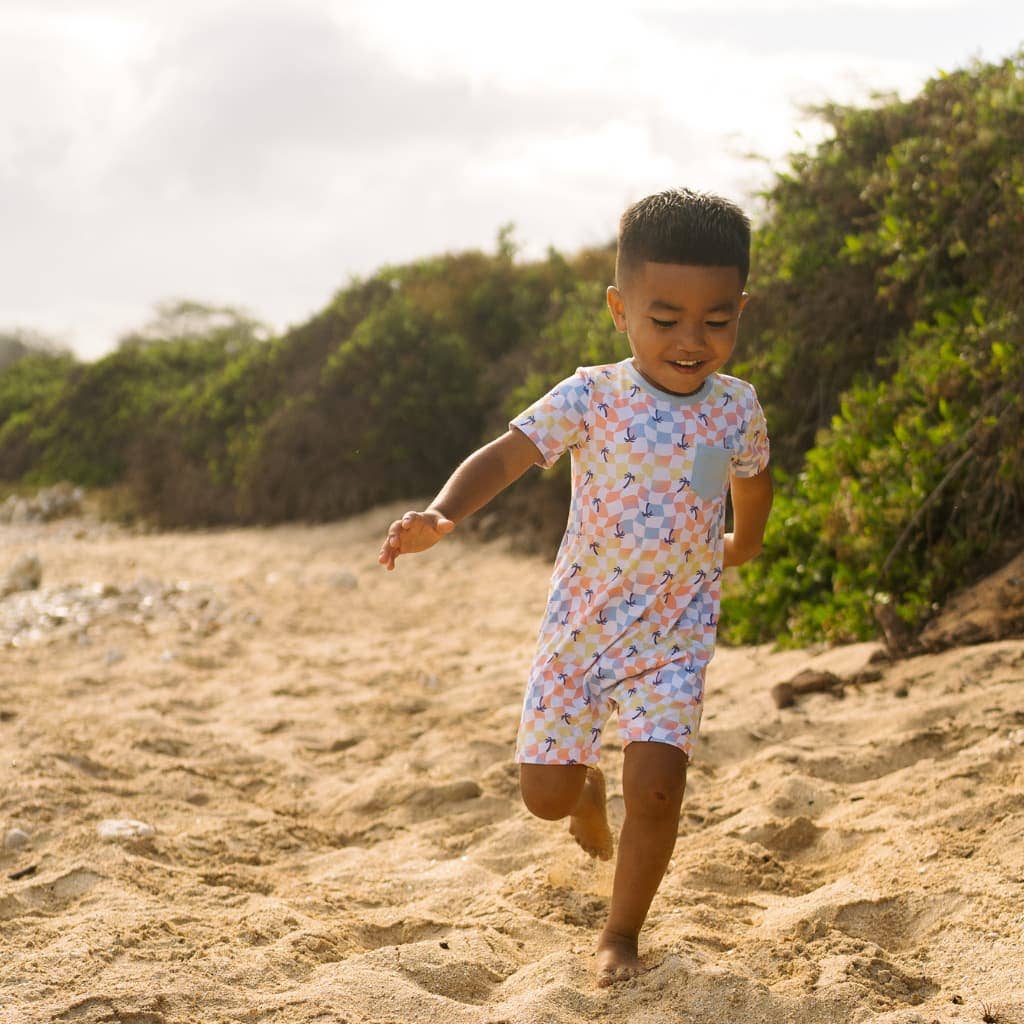 Sunset Checker Shortie Bamboo Romper: 6-12M