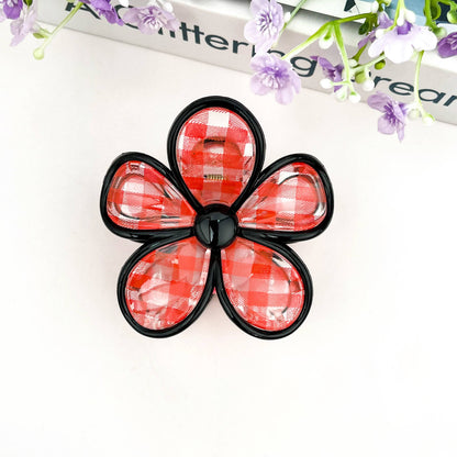 Plaid Flower Hair Claw Clip: Red