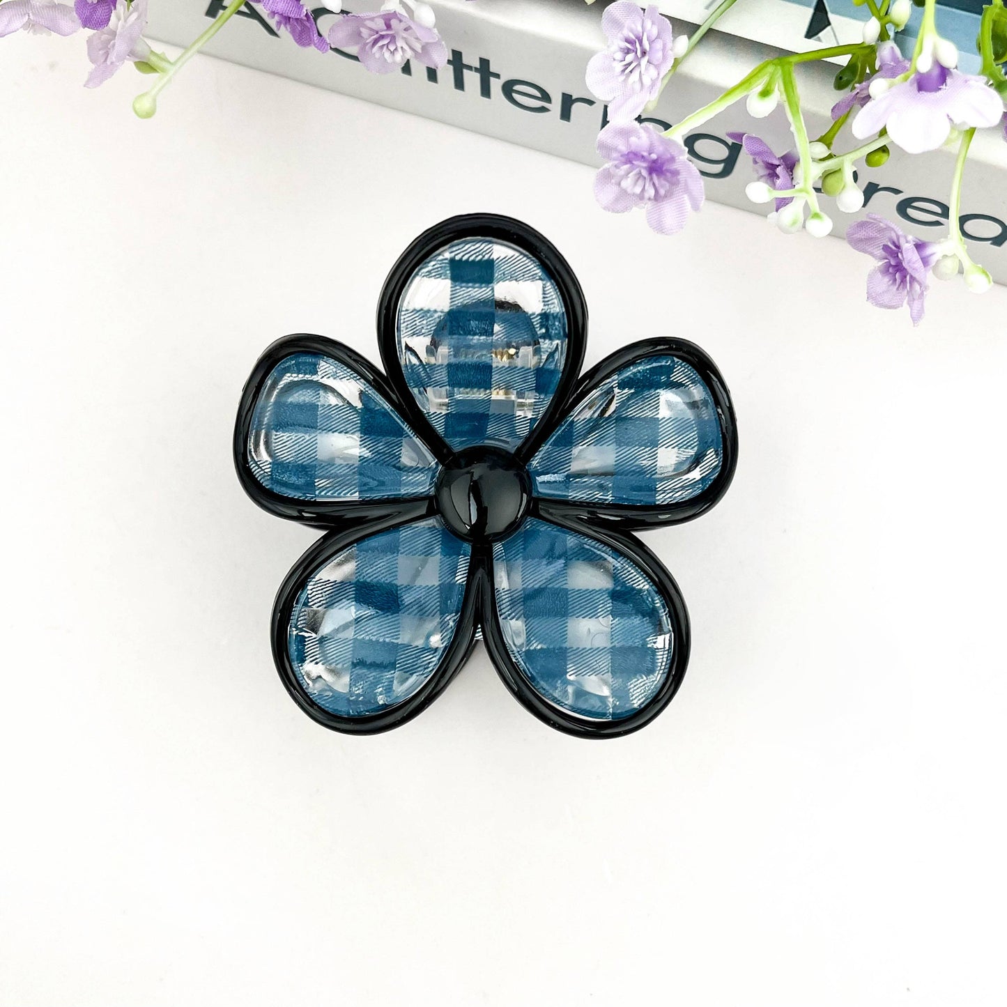 Plaid Flower Hair Claw Clip: Blue