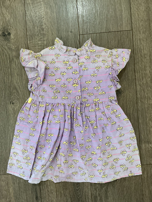 Funny-Bunny, girls dress, purple, pink, white yellow button up a line ruffle 2T vintage