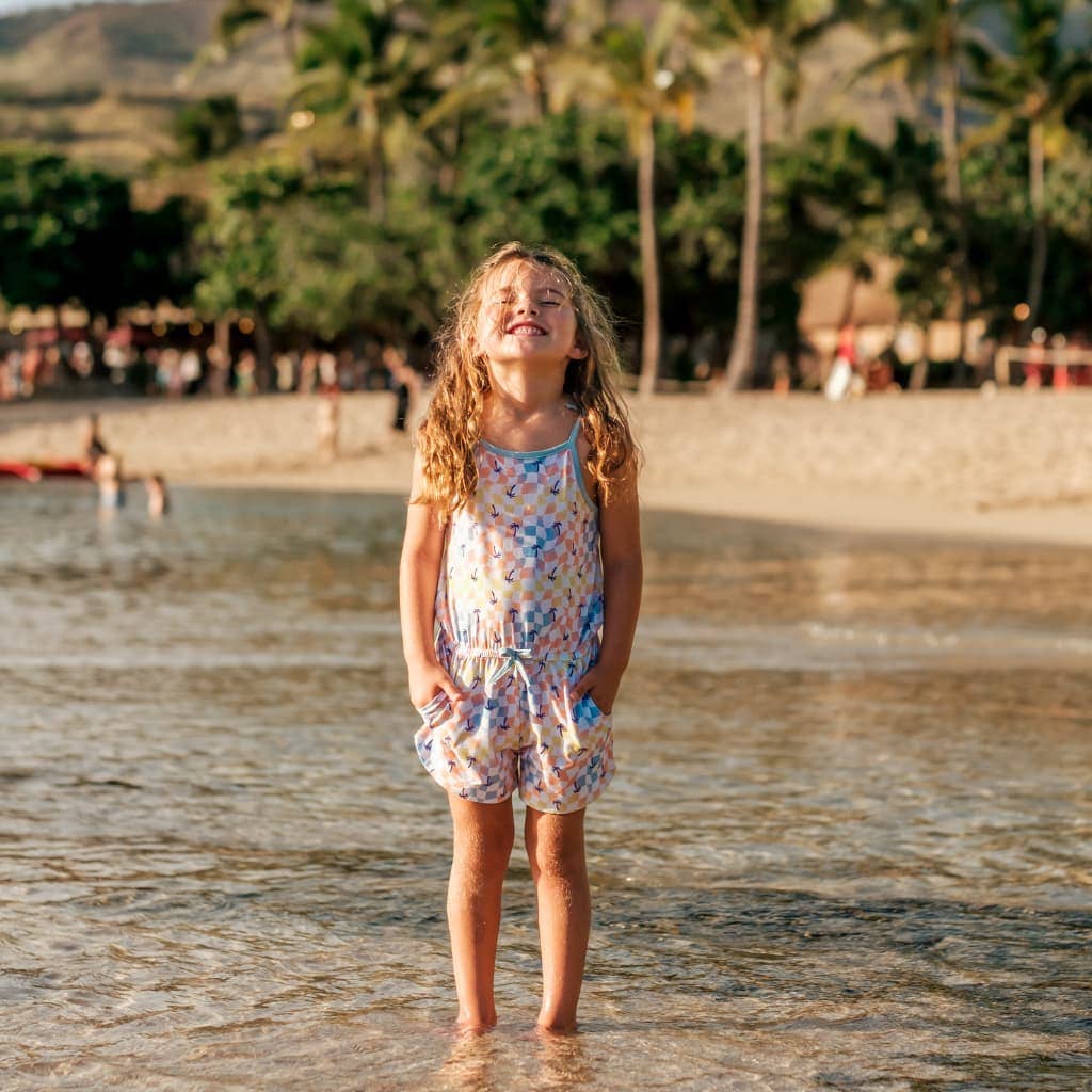 Sunset Checker Girls Shortie Bamboo Romper: 12-18M