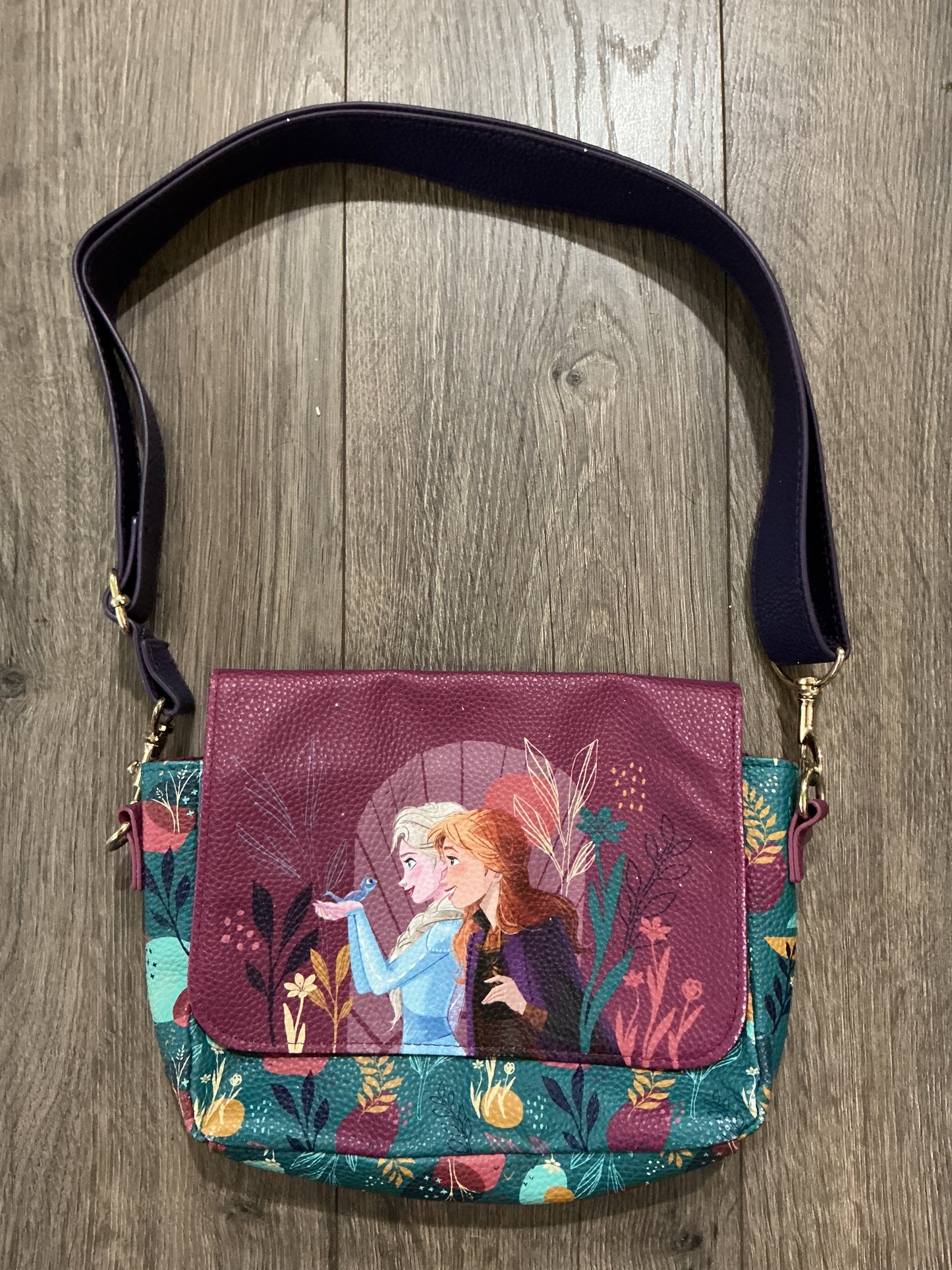 Disney Frozen II Cross Body Bag Purse Anna & Elsa 8" x 6" Purple/Teal 1
