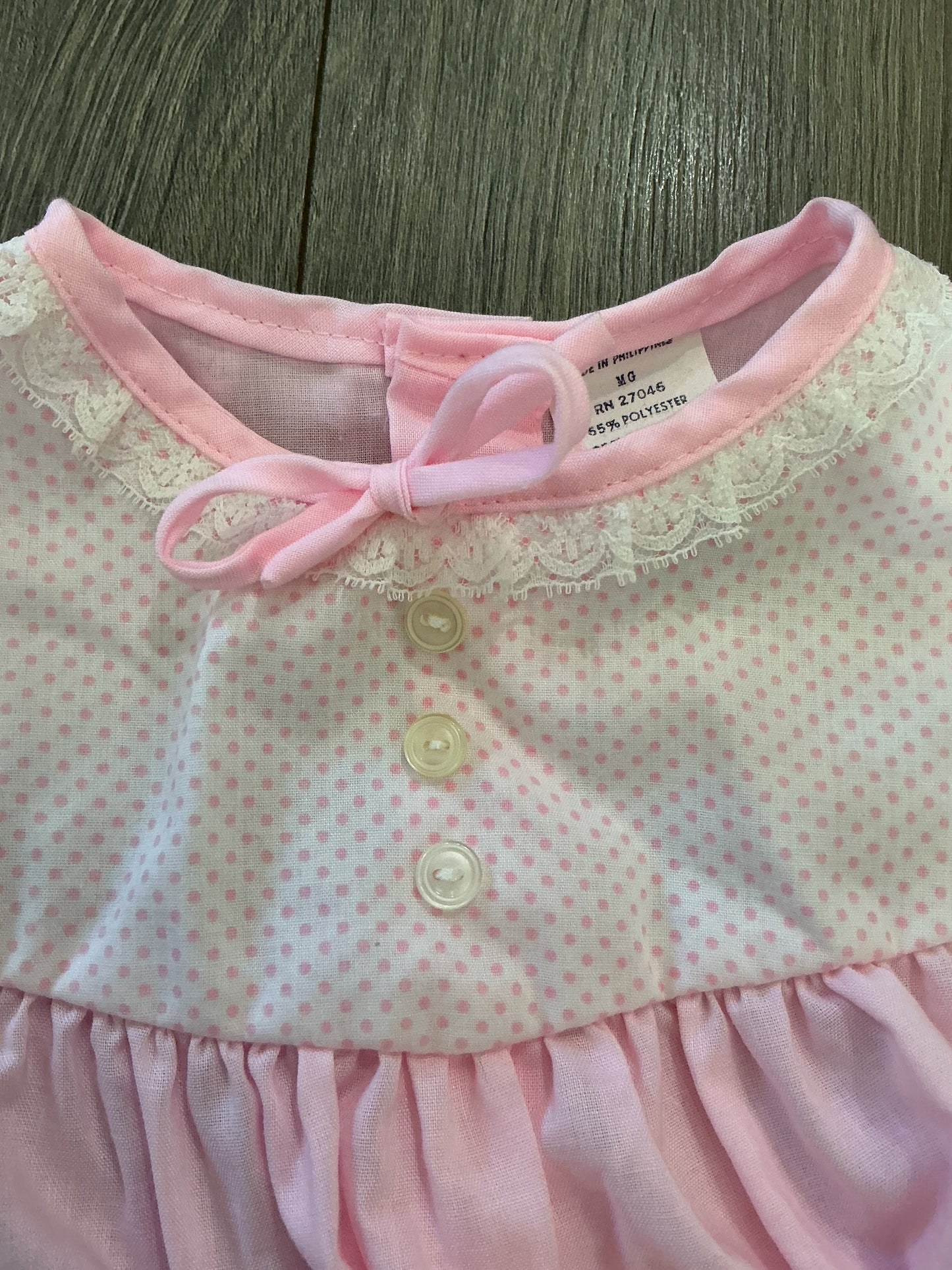 Vintage Baby Pink Lace Trim Dress Embroidered, Bear flowers polka dot 18M