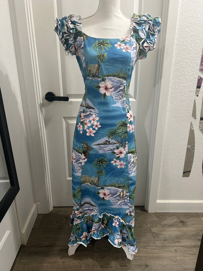 NWOT KY’s Hawaii Vintage Blue Ruffle Hawaiian Dress XS, L, XXL