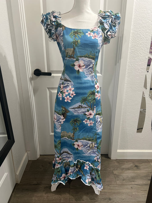 NWOT KY’s Hawaii Vintage Blue Ruffle Hawaiian Dress XS, L, XXL