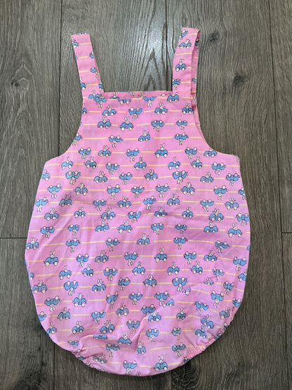 Funny-Bunny Size 24 Months Vintage Pink Overalls Made in USA Bunnies blue car