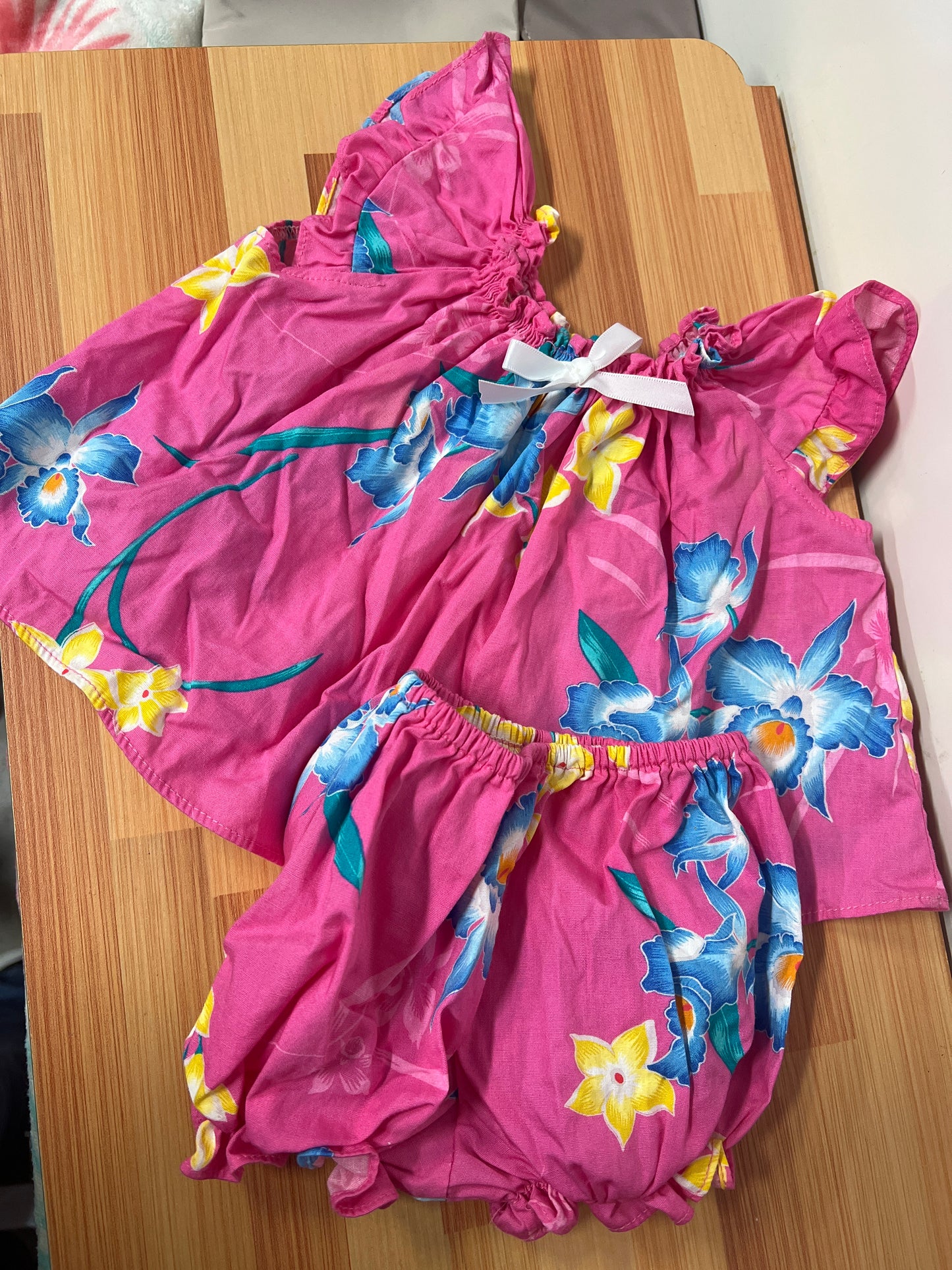 Vintage Nikky Pink Floral Hibiscus Ruffle Hawaiian Dress Girls 9 M Made in Hawaii