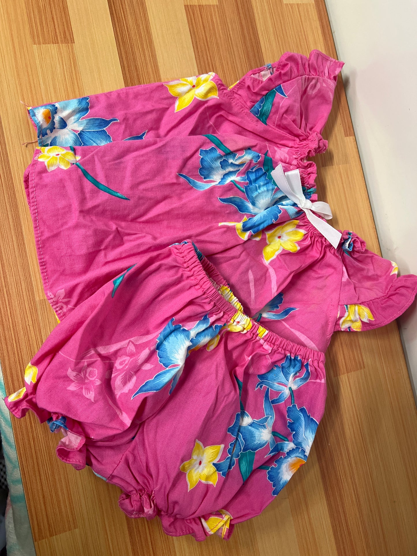 Vintage Nikky Pink Floral Hibiscus Ruffle Hawaiian Dress Girls 9 M Made in Hawaii
