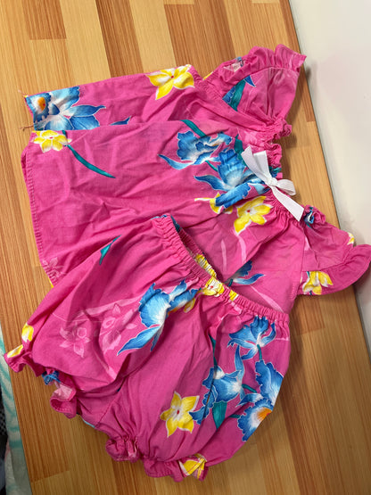 Vintage Nikky Pink Floral Hibiscus Ruffle Hawaiian Dress Girls 9 M Made in Hawaii