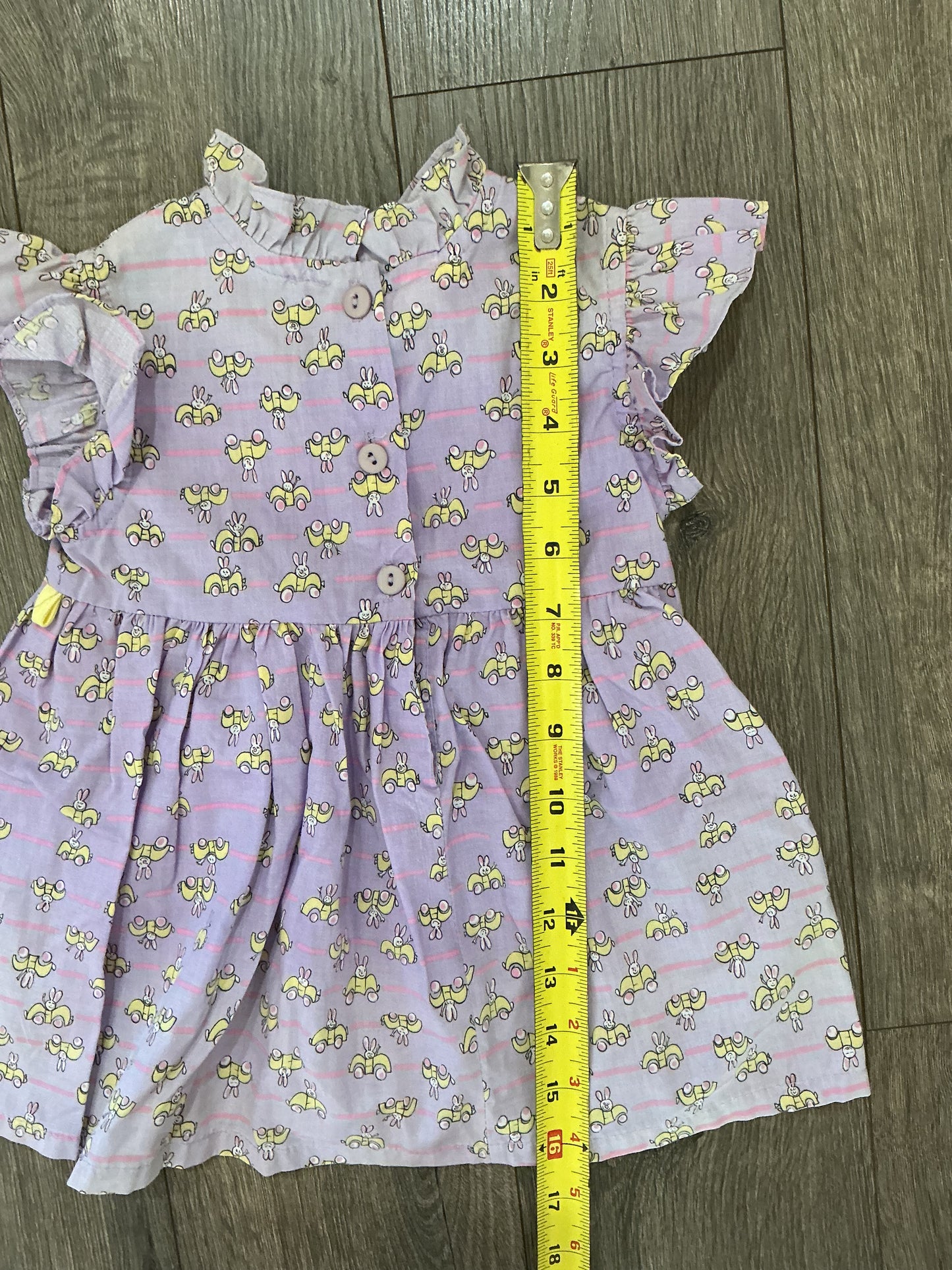 Funny-Bunny, girls dress, purple, pink, white yellow button up a line ruffle 2T vintage