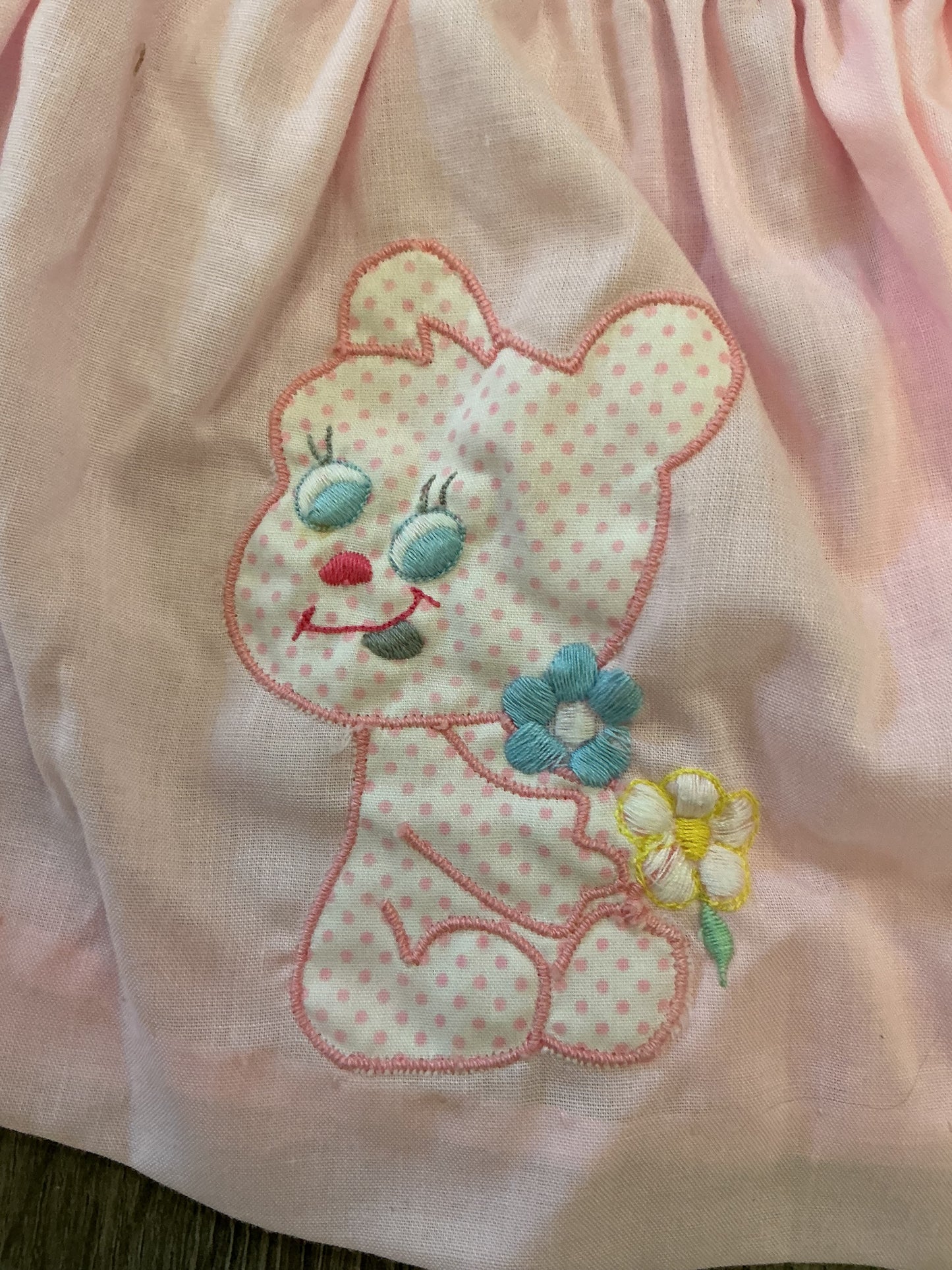 Vintage Baby Pink Lace Trim Dress Embroidered, Bear flowers polka dot 18M