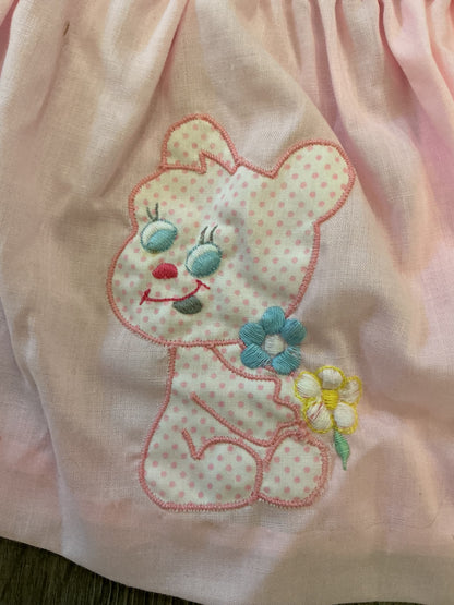 Vintage Baby Pink Lace Trim Dress Embroidered, Bear flowers polka dot 18M