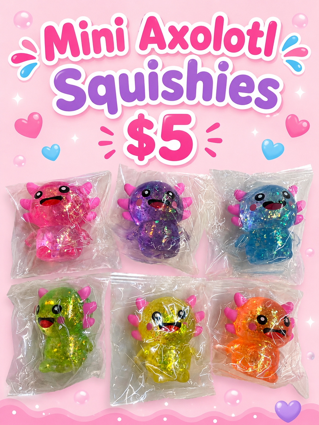 Axolotl Glitter Mini Squishy 2"