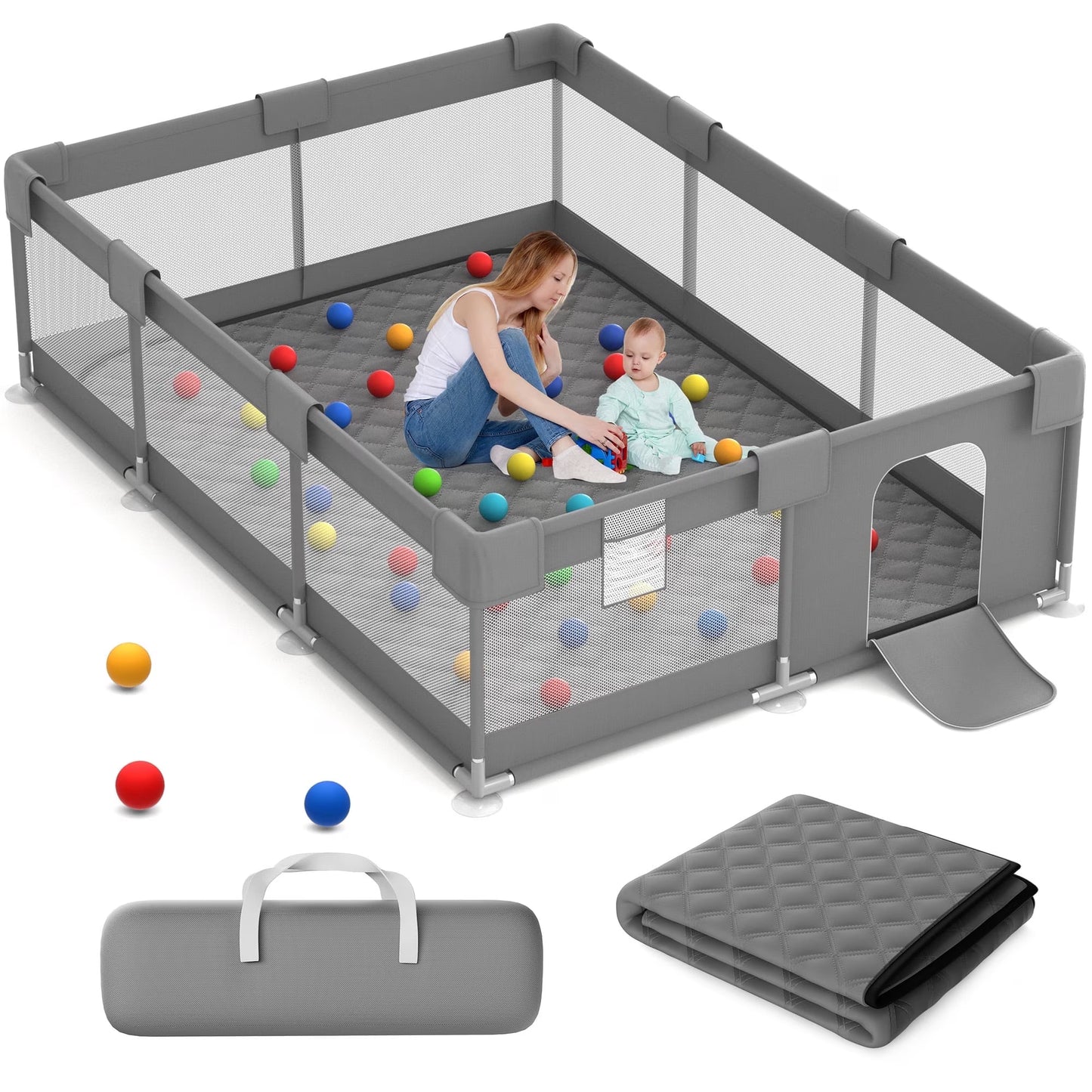 Playpen w/ Mat 71"x50", Gray