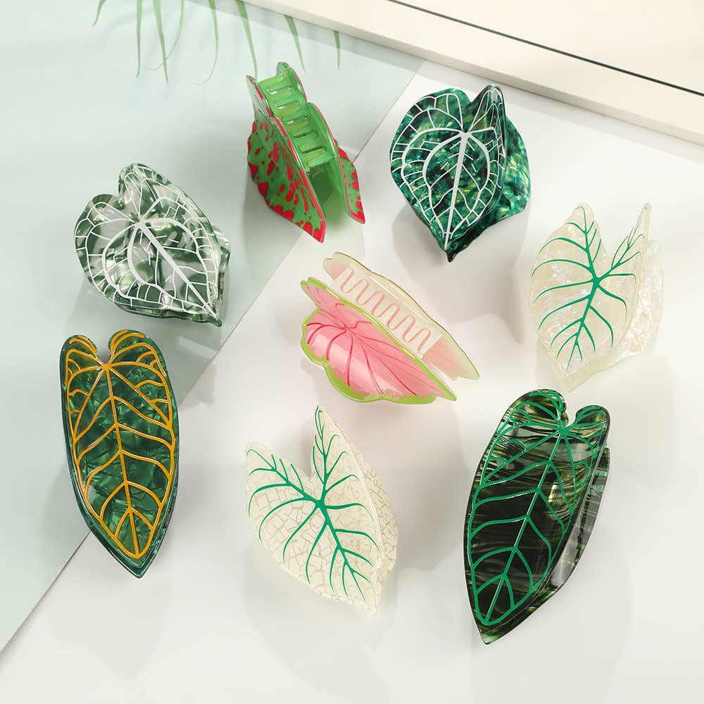 Tropical Leaf-Shape Botanical Acetate Hair Claw Clip: RedGreen