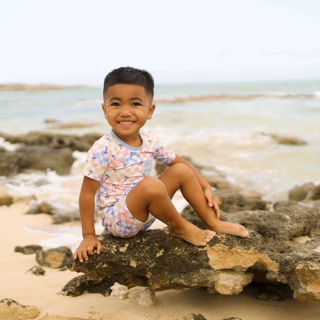 Sunset Checker Shortie Bamboo Romper: 6-12M