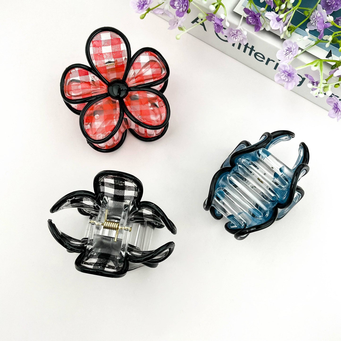 Plaid Flower Hair Claw Clip: Blue