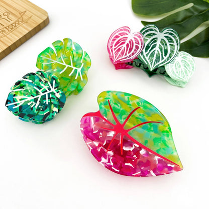 Red Palm Leaf & Monstera Acetate Hair Claw Clip: C